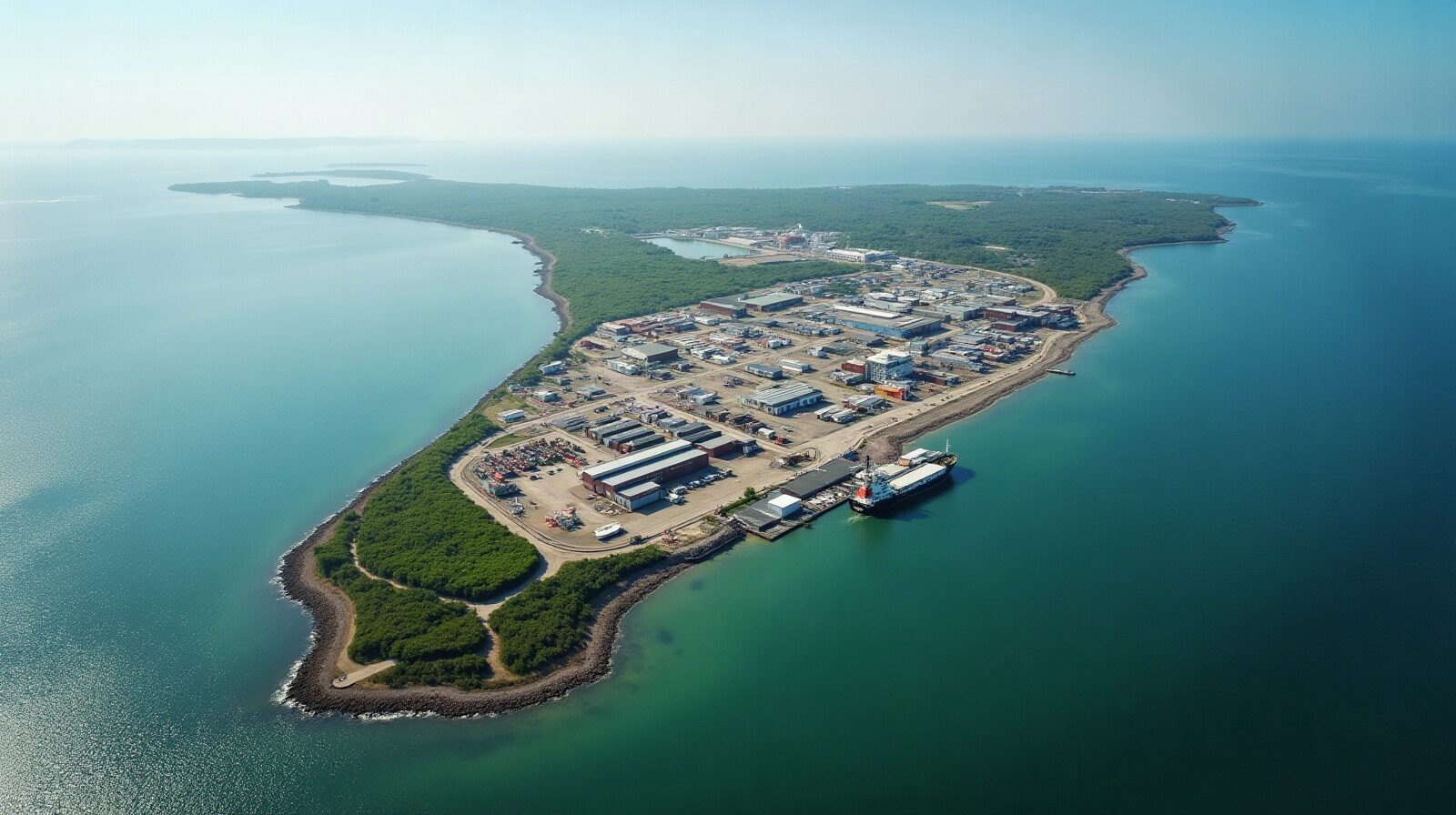 Vue aérienne d'une zone industrialo-portuaire : terre-pleins, entrepôts, rangées de conteneurs et navires à quai