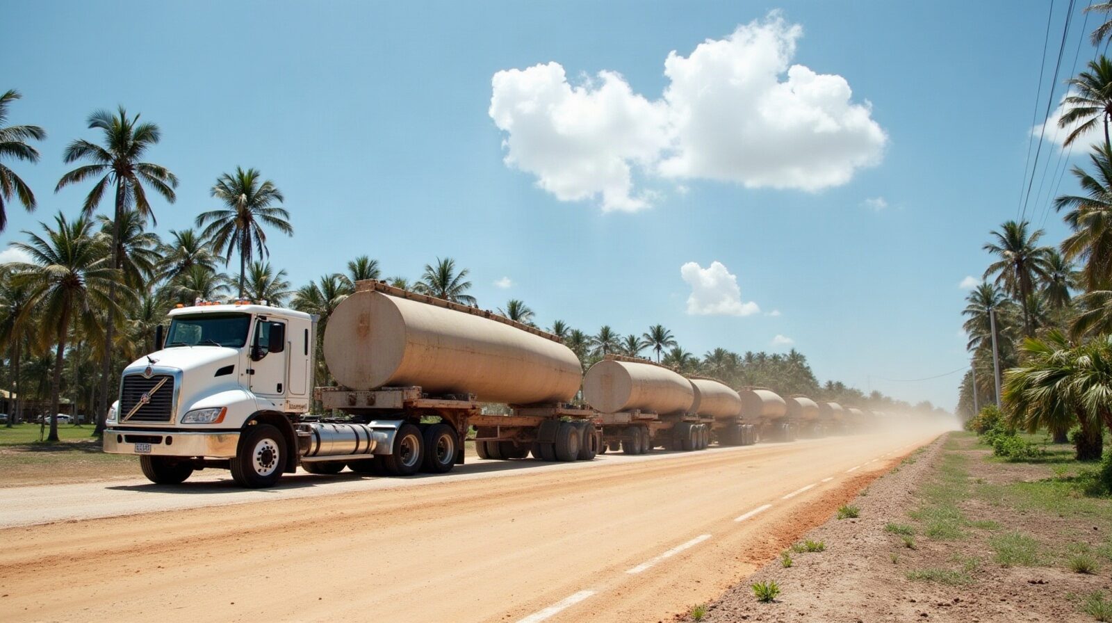 Entrepôts d'activités alignés le long d'une voie large, avec des poids lourds stationnés