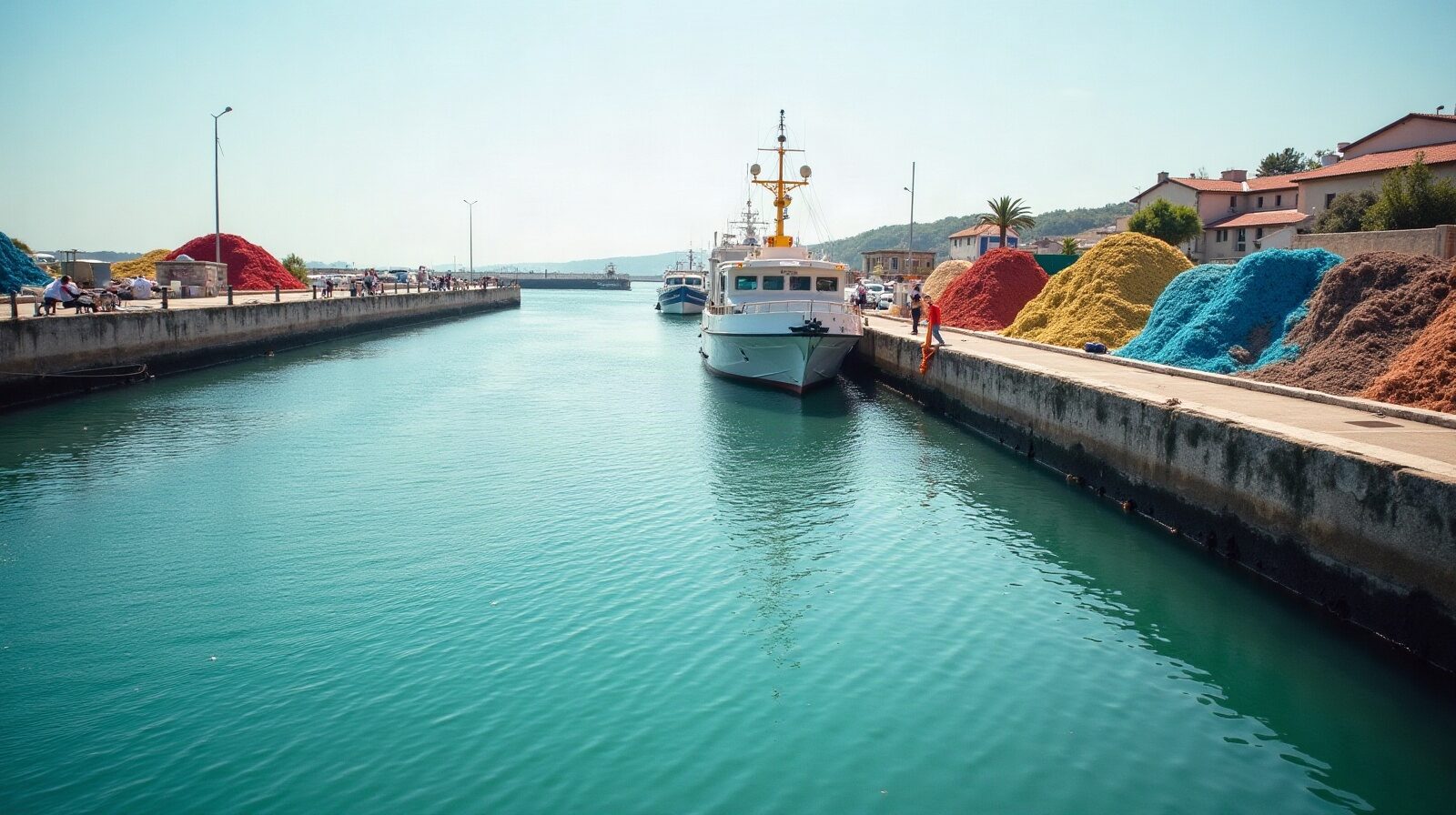 Quai portuaire avec portiques de levage, conteneurs empilés et eau turquoise