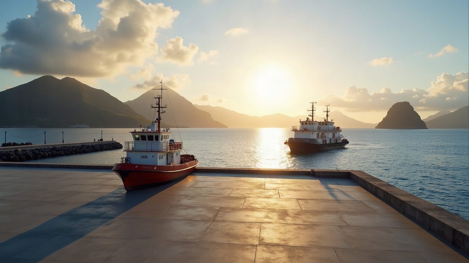 Navire porte-conteneurs à quai devant des portiques de manutention, vu depuis un terre-plein portuaire