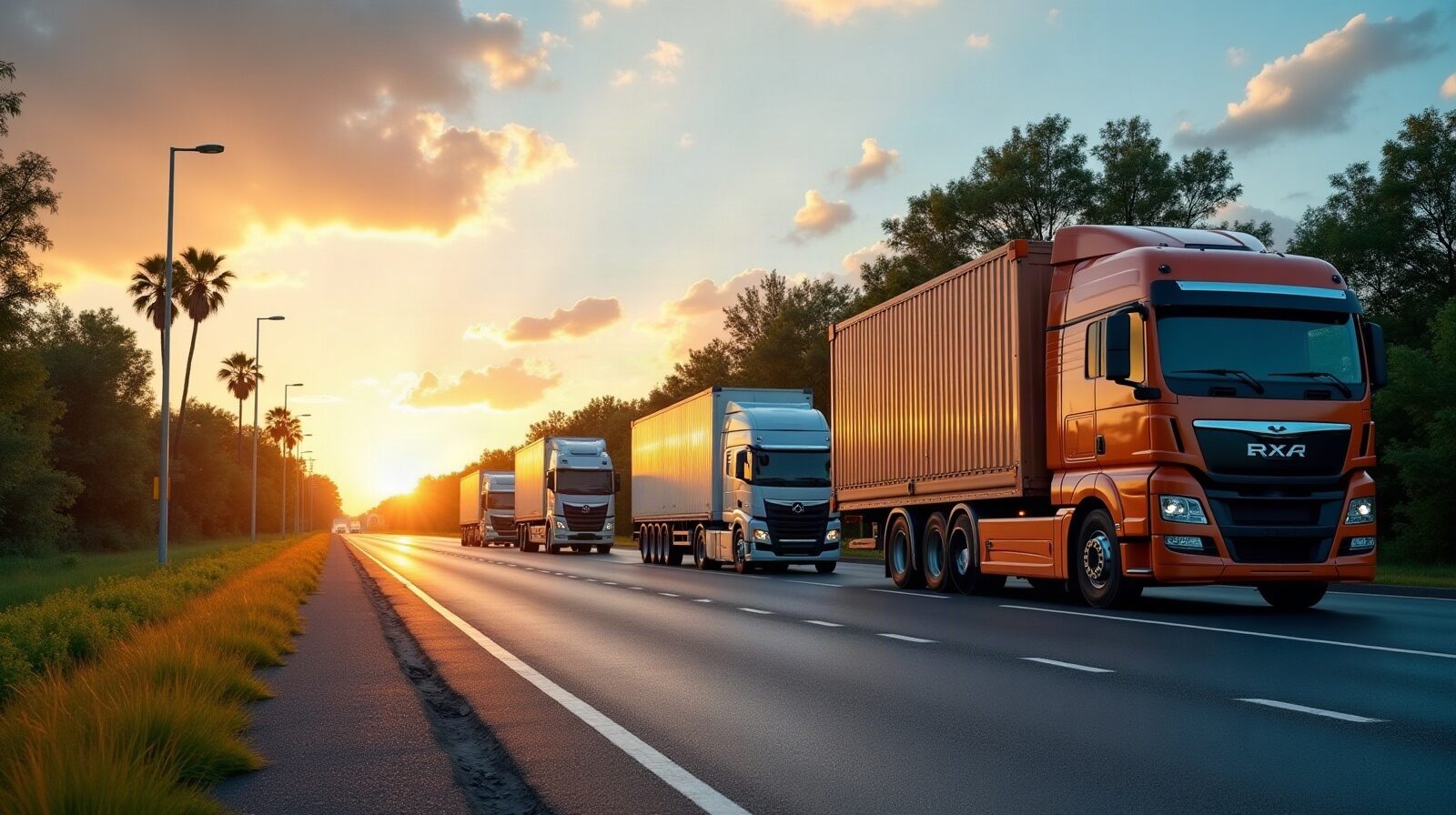 Entrepôt logistique avec quais de chargement et camions à l'arrêt le long d'une voie d'accès